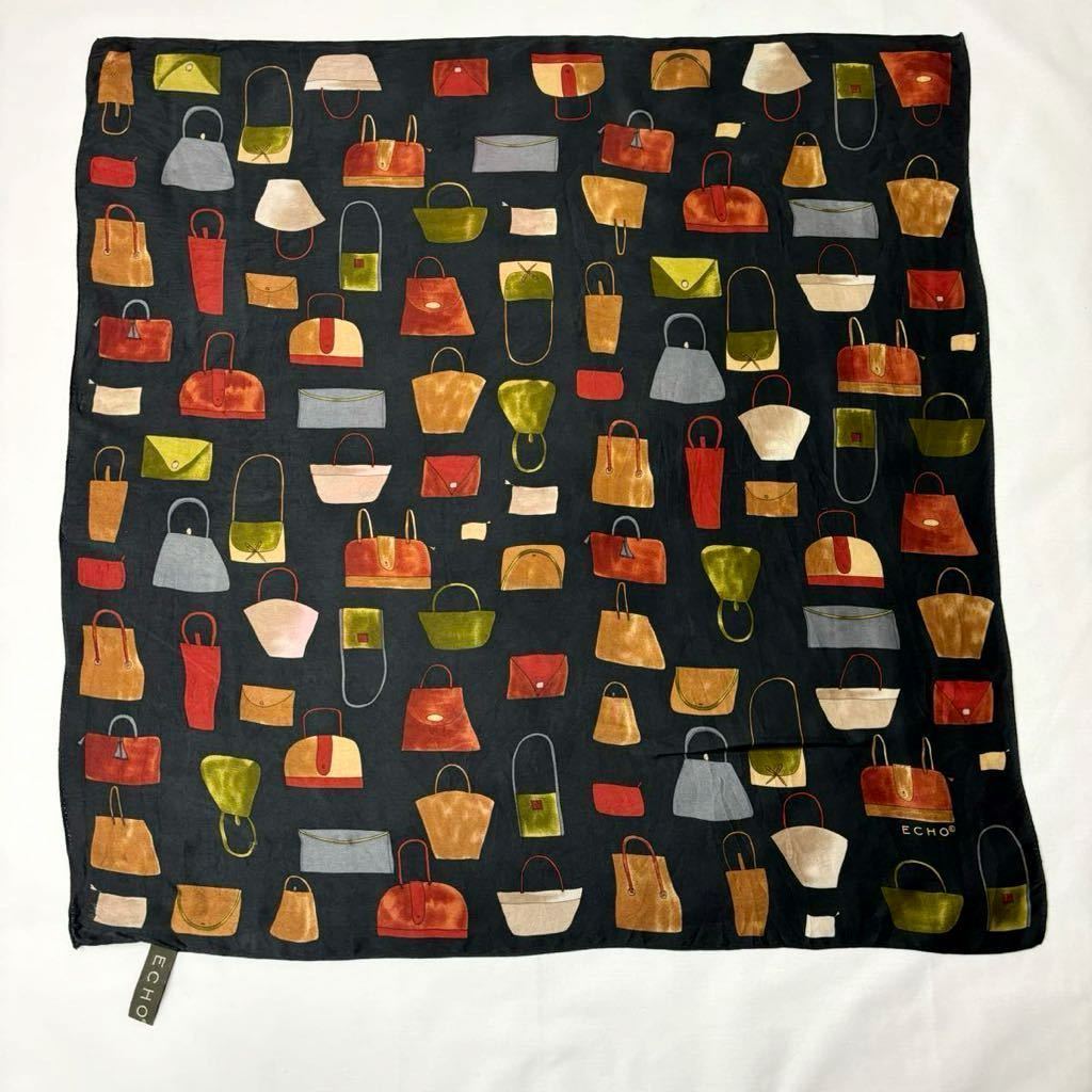 ECHO eko - Vintage silk scarf large size scarf made in Japan bag pattern black total pattern multicolor stole square AM6221