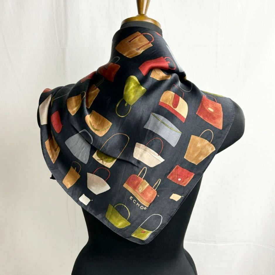 ECHO eko - Vintage silk scarf large size scarf made in Japan bag pattern black total pattern multicolor stole square AM6221