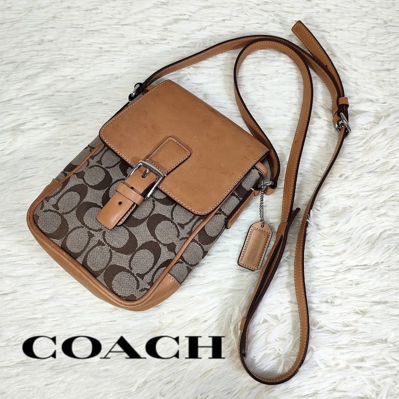 COACH コーチ ショルダーバッグ シグネチャー キャンバス×レザー ベージュ系 薄茶 6098 斜め掛け ポーチ 鞄 ポシェット