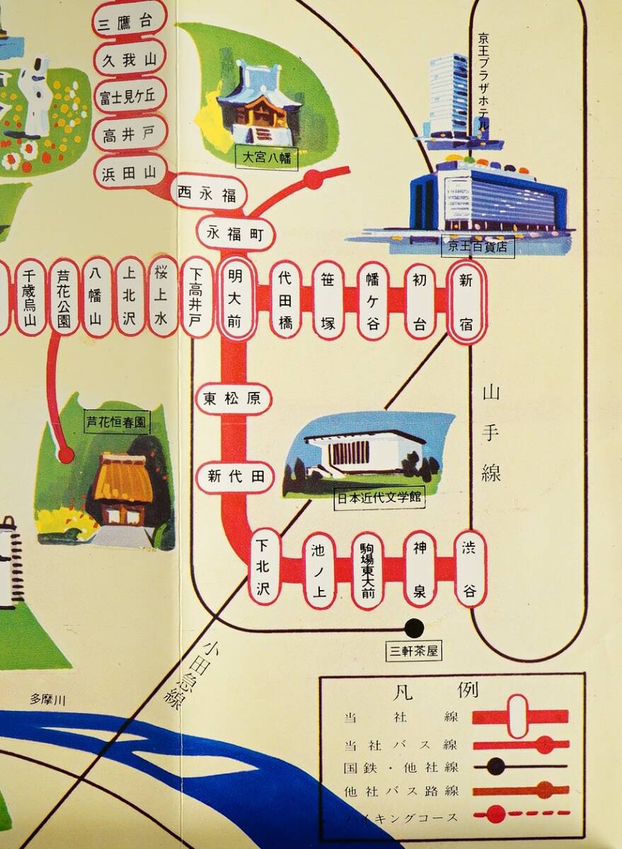 京王帝都電鉄　沿線案内図　1枚　 検:京王線井の頭線 鉄道路線図 沿線地図絵図 東京都観光案内 京王閣 京王遊園プール 多摩テック_画像4