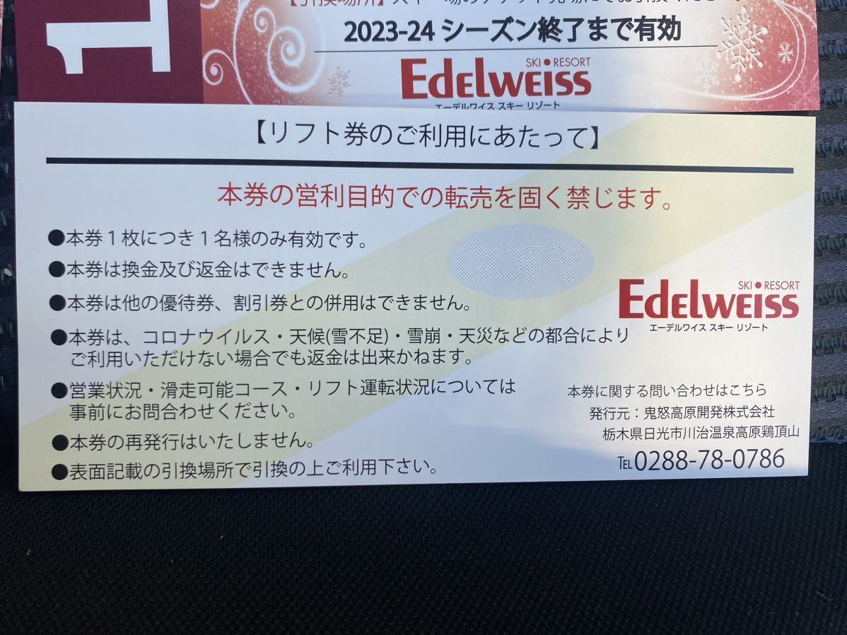 エーデルワイススキーリゾート　1日券(引換券)3枚_画像1