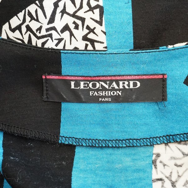 #spc レオナール LEONARD セットアップ L 青 黒 五分袖 カシュクール リボン 総柄 レディース [832803]_画像5