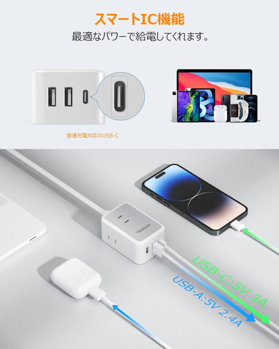 【新着商品】usb-c コンセントタップ 3個AC口 USB-C TESSAN 1ポート USB-A usb付き 2ポート たこあ