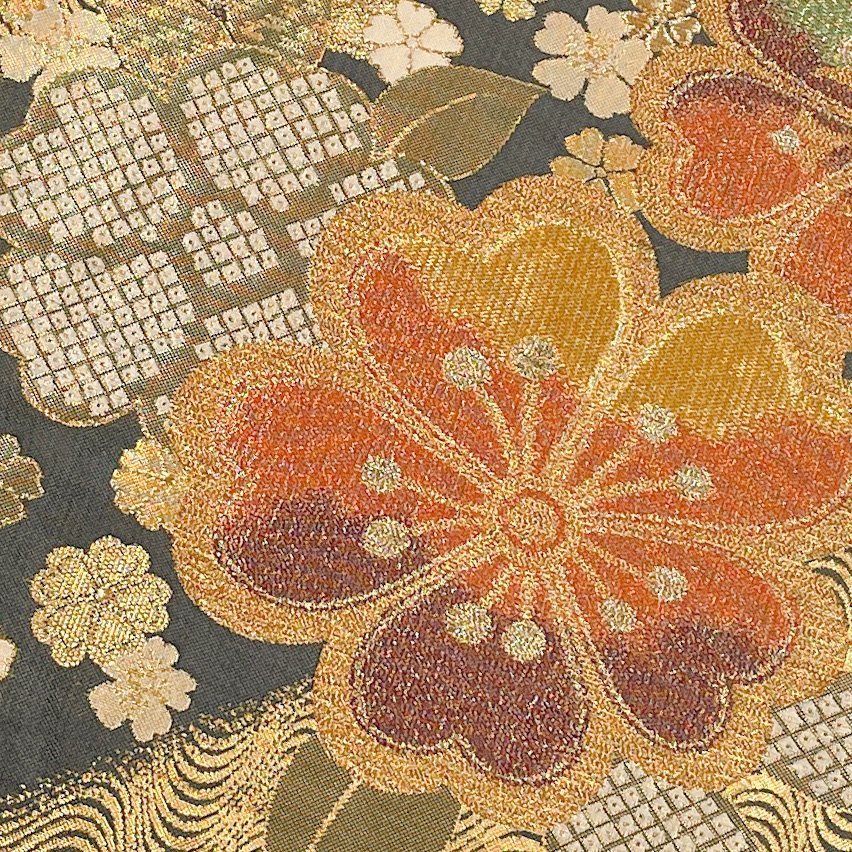 着物月花 煌びやかな花 袋帯 六通柄 正絹 金銀糸 ob1073の画像4