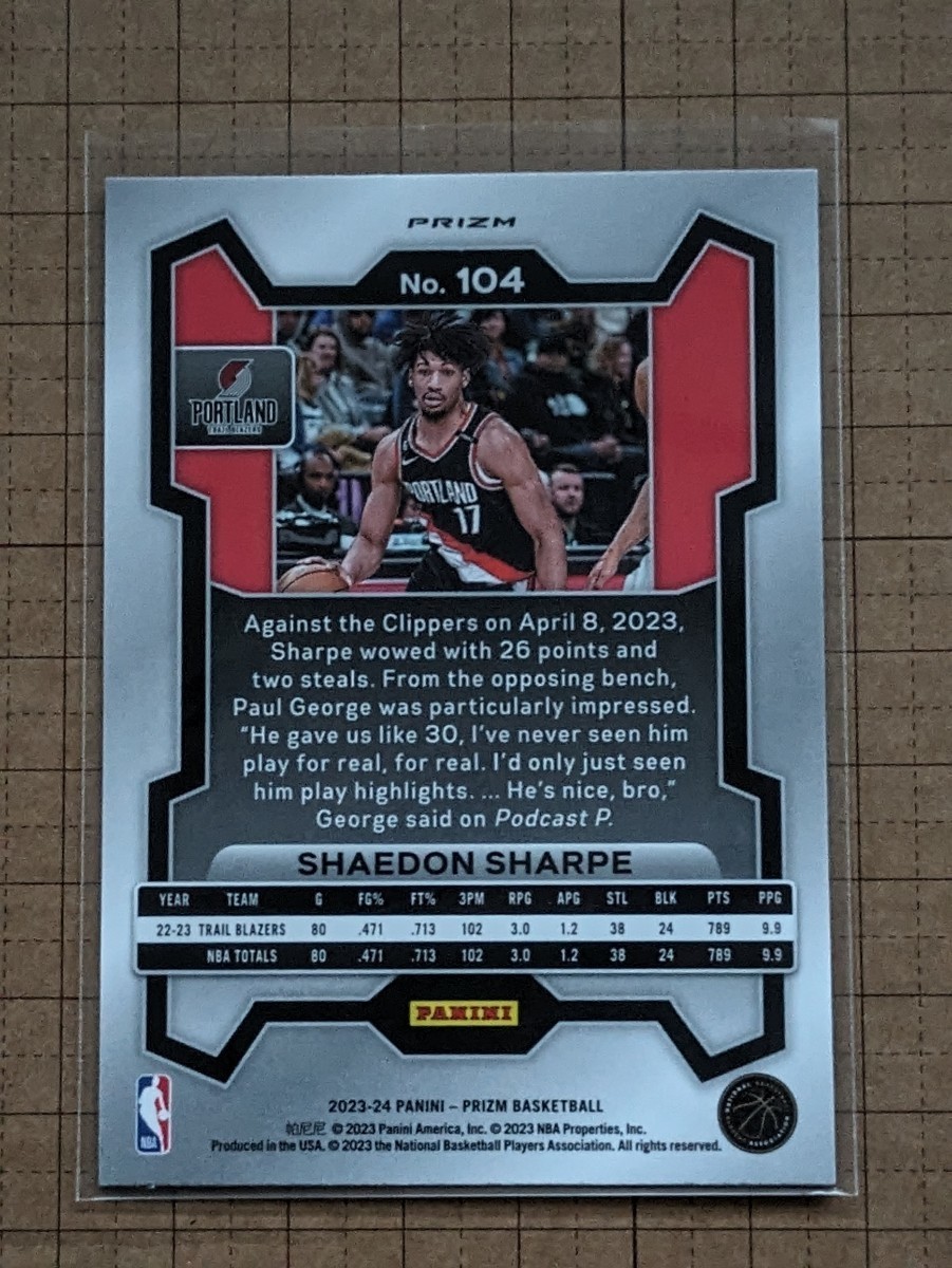 シェイドン・シャープ【NBA 2023-24 PANINI PRIZM BASKETBALL】SHAEDON SHARPE #104 ベース ハイパープリズム _画像2