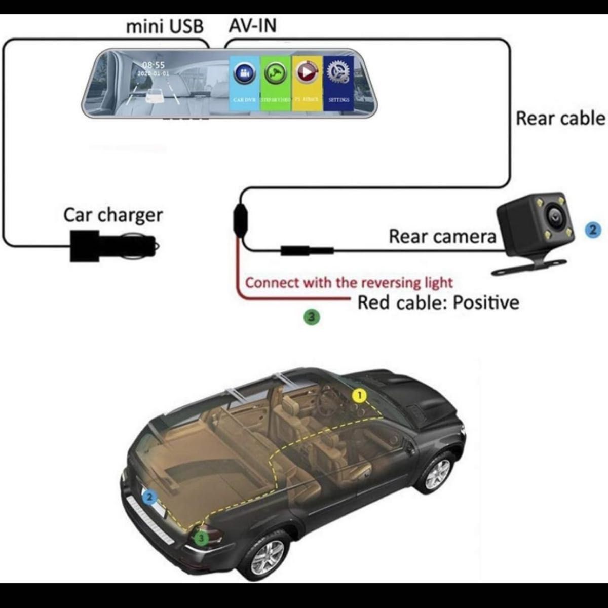 ドライブレコーダー　ビデオレコーダー　ミラー型　タッチパネル　車　駐車監視