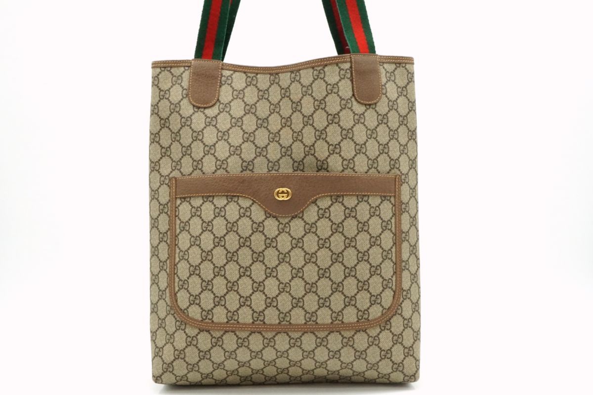 1円〜 グッチ シェリーライン セミ ショルダー バッグ トート GGスプリーム Unisex PVCキャンバス 茶 ブラウン GUCCI 7696h_画像1