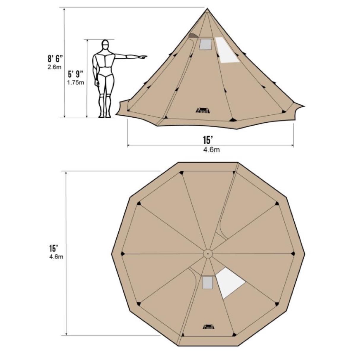 Preself 4~6人用 Tipi ホットテント T3 XL スクリーンウィンドウ付き 高さ2.6m 直径14.6m 薪ストーブ