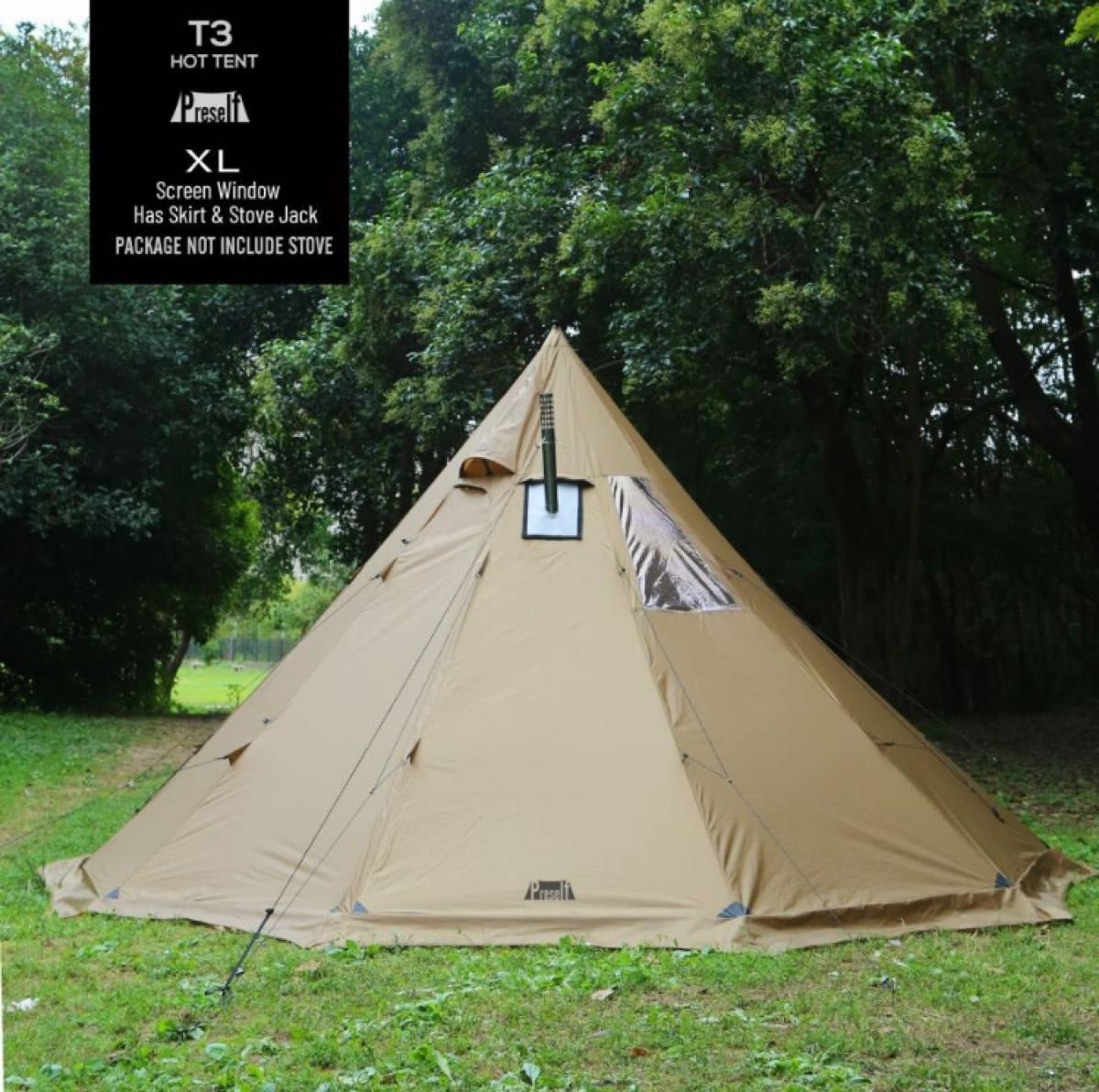 Preself 4~6人用 Tipi ホットテント T3 XL スクリーンウィンドウ付き 高さ2.6m 直径14.6m 薪ストーブ