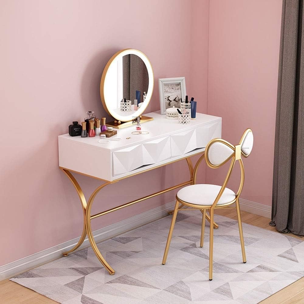  dresser Northern Europe iron vanity in set round light up mirror & bow iron. cushion stool lighting desk 120x40x75cm