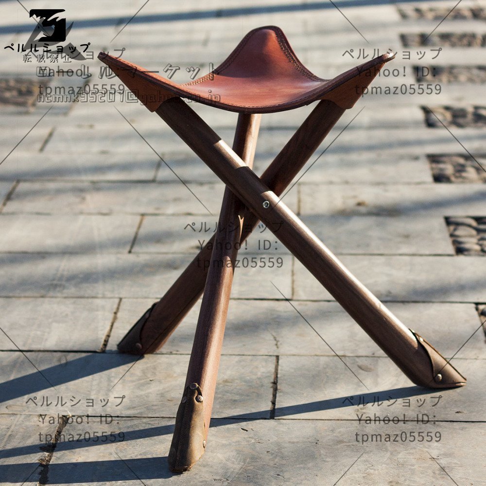 大型ハンティングチェア 木製 牛本革 スツール イス 三脚 椅子 折り畳み アウトドア キャンプ_画像1