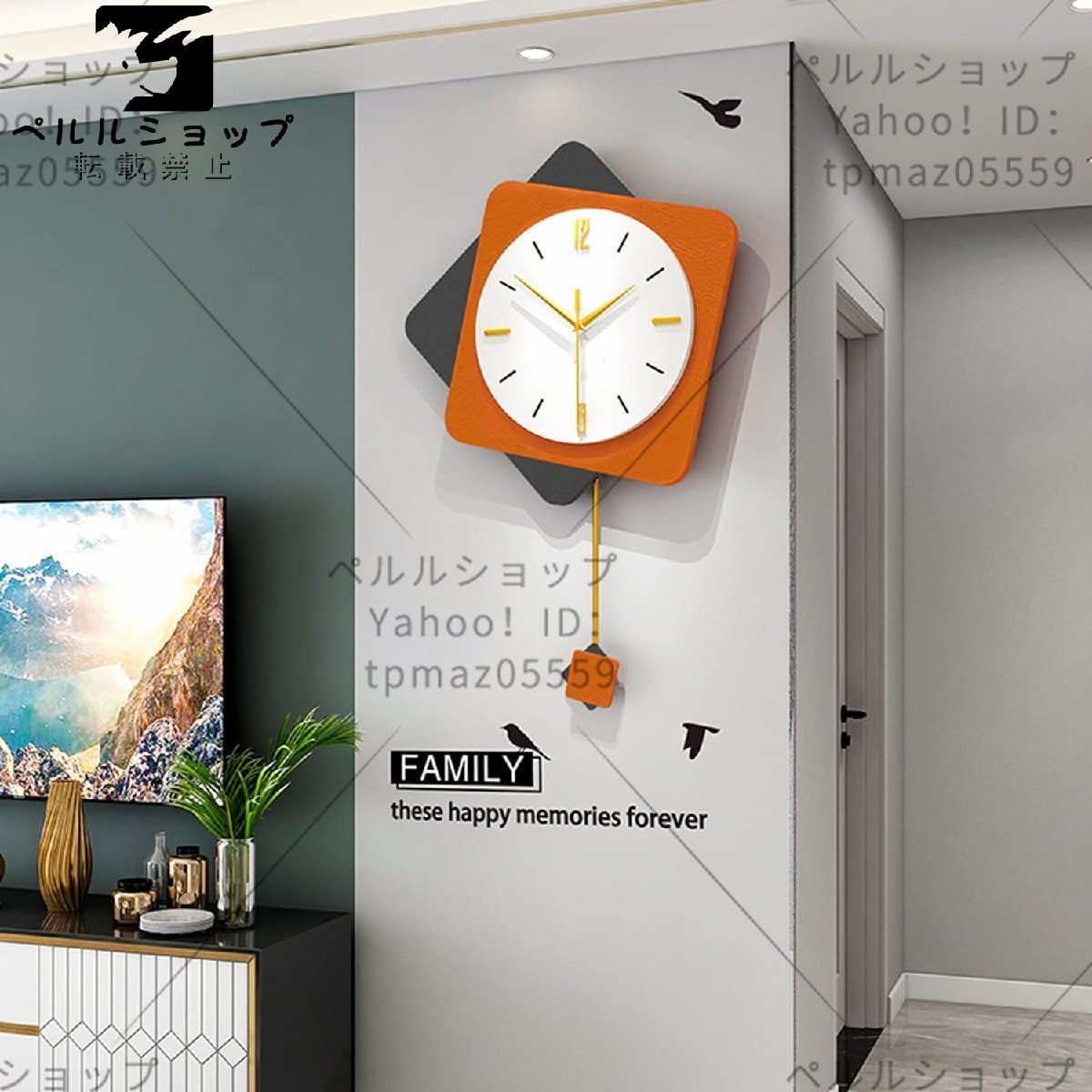モダンな振り子時計 23.6 x 15インチ - 掛け時計 壁掛け 時計 柱時計 北欧 静音 シンプル 簡約 スイープムーブメント オレンジ色_画像2