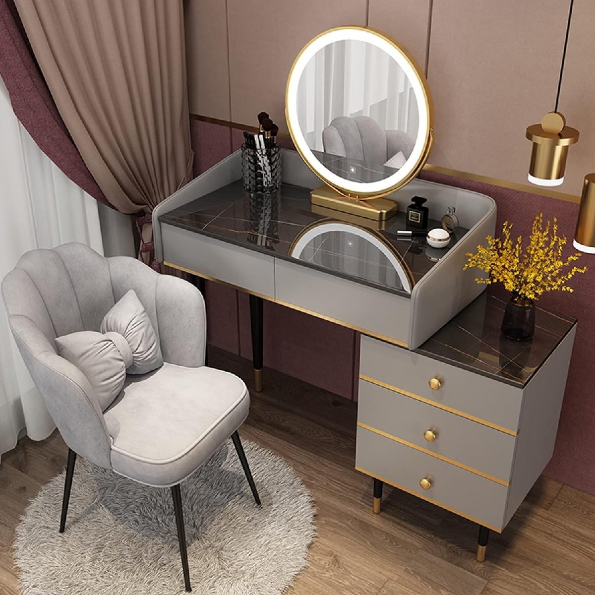  dresser bedside table, cushion attaching s tool set, cosmetics table LED light 3 color touch screen style light possibility 80cm