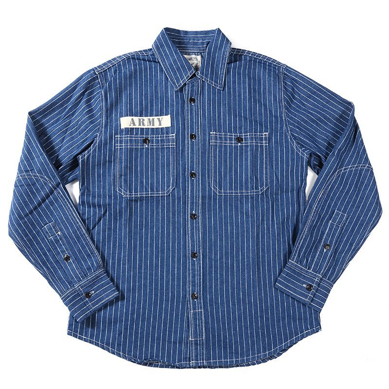 ヴィンテージ ワーク コットンピンストライプデニム長袖シャツ　ダンガリーアメカジ レトロwork shirt　Ｓ～XL　ネイビー_画像1