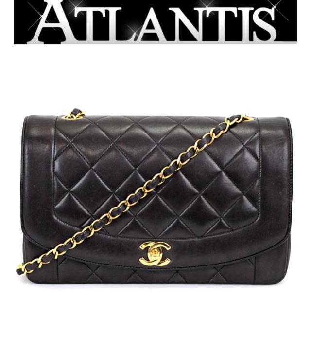 シャネル CHANEL ダイアナフラップ マトラッセ25 チェーンショルダーバッグ ラムスキン 黒 ゴールド金具