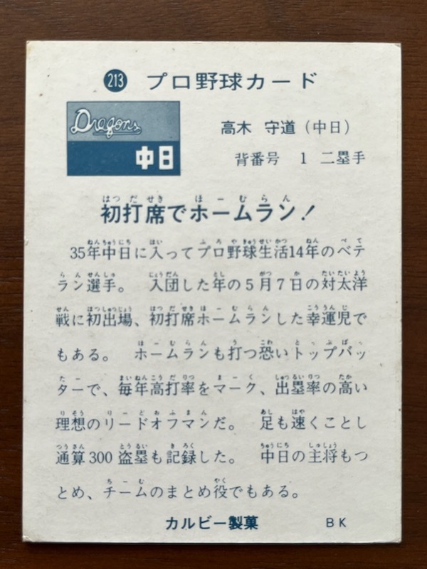 カルビープロ野球カード NO213 高木守道の画像2