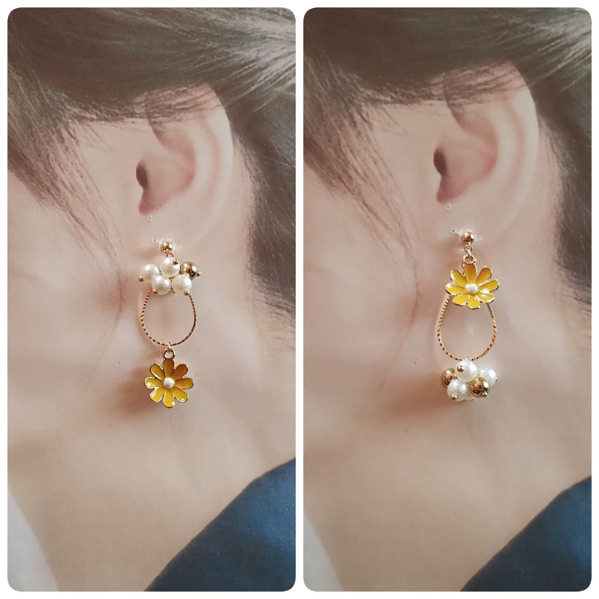 【ハンドメイド】ピアス／イヤリング　No1116　イエローフラワー／6㍉コットン風パール＆ゴールドメタルビーズ／雫フレーム