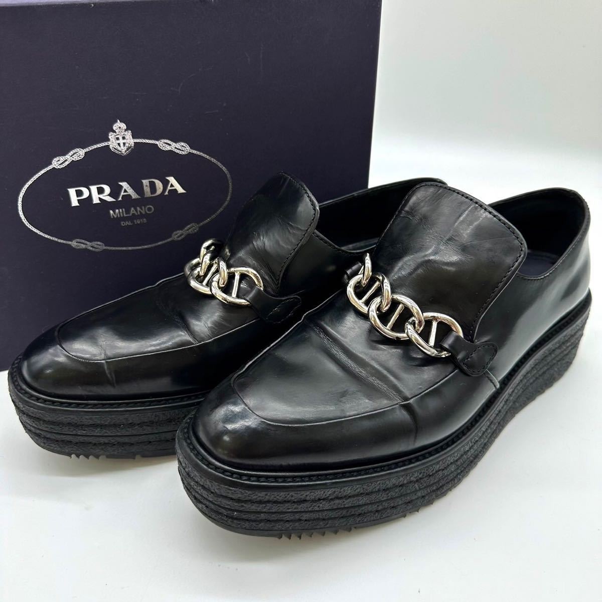 1100 希少モデル 廃盤● PRADA プラダ 厚底ローファー チェーン金具 ブラック レディース メンズ ブラック レザー シューズ 靴 ブーツ 黒色_画像2