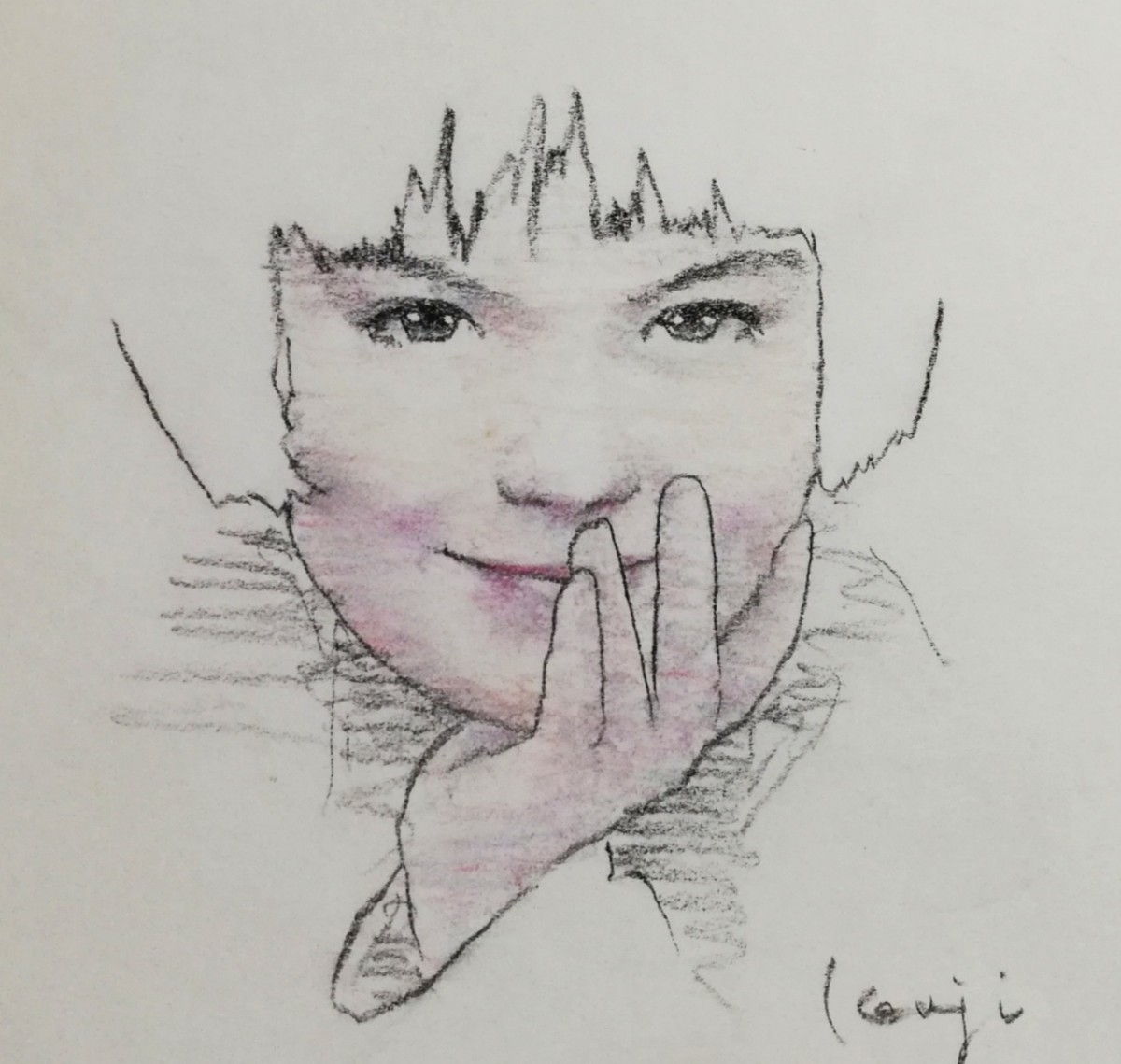 松原健治 ドローイング 原画 「Girls 05」_紙にチャコール鉛筆とパステル鉛筆