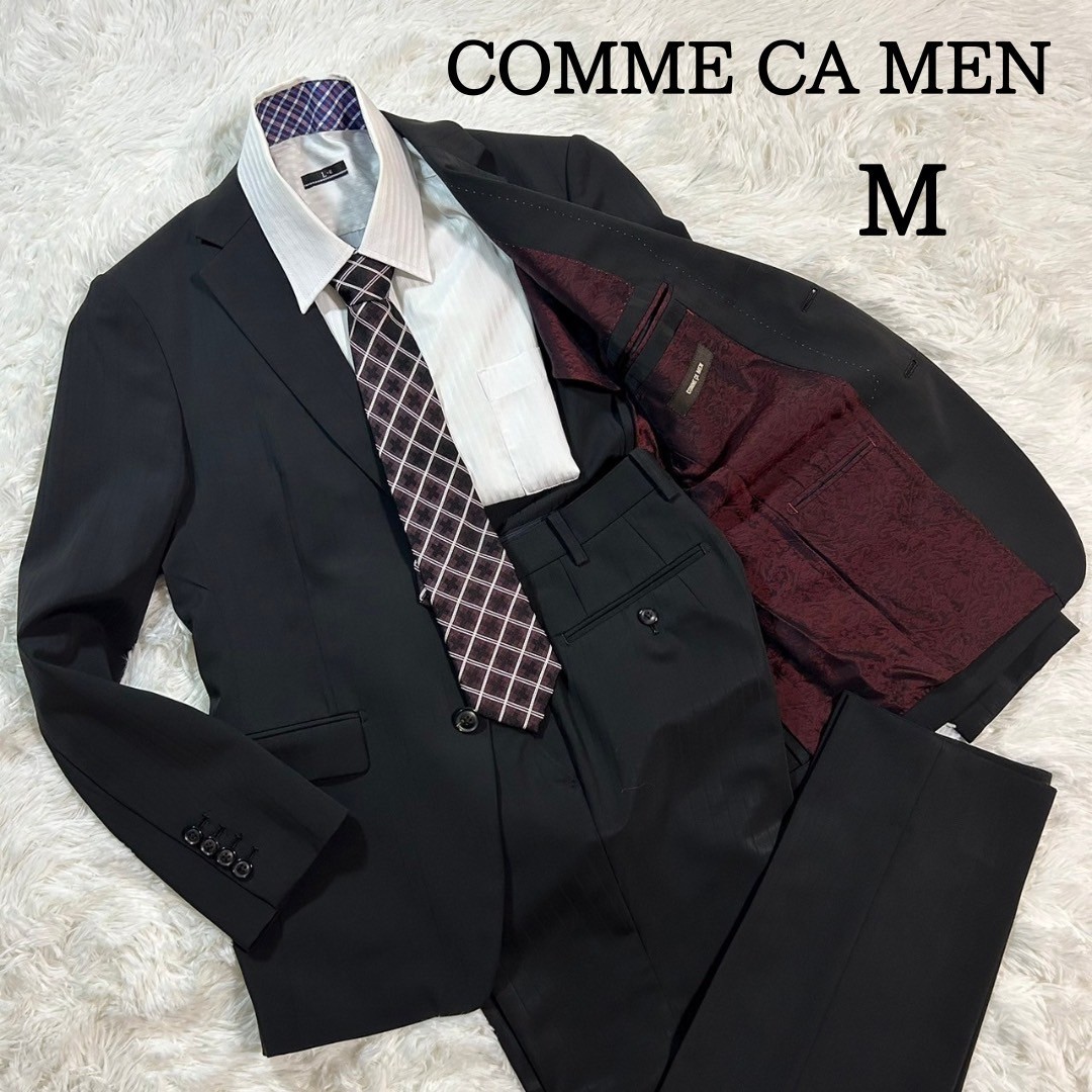 【男の色気】COMME CA MEN コムサメン メンズ スーツ セットアップ ブラック 裏地ボルドー ストライプ M ビジネススーツ_画像1