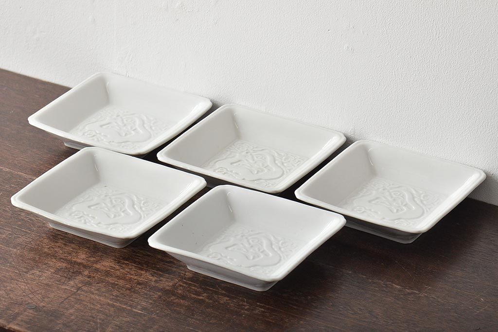 R-045722 Edo period white porcelain .. dragon. map angle plate 5 pieces set ( China?, small plate, deep plate, pot )(R-045722)