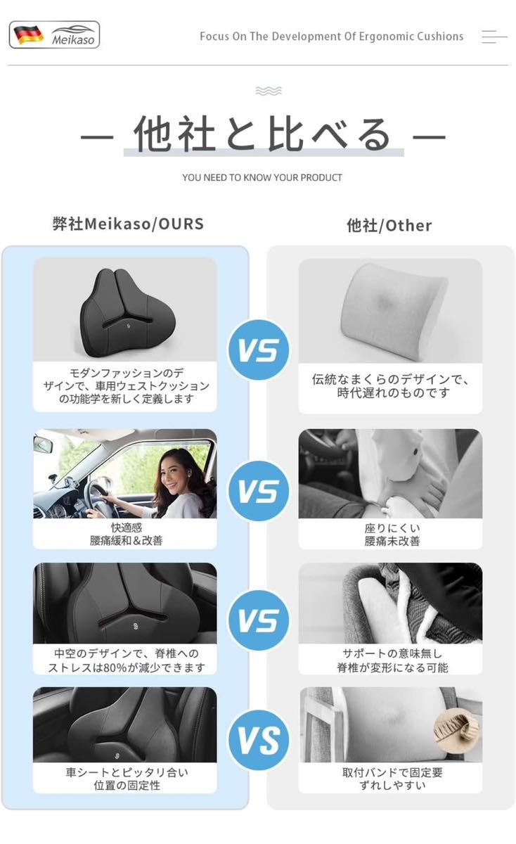Meikaso 腰クッション ランバーサポート 背もたれ カークッション 腰楽 低反発 腰サポート 車用品 オフィスチェア用品 (ブラック)の画像8