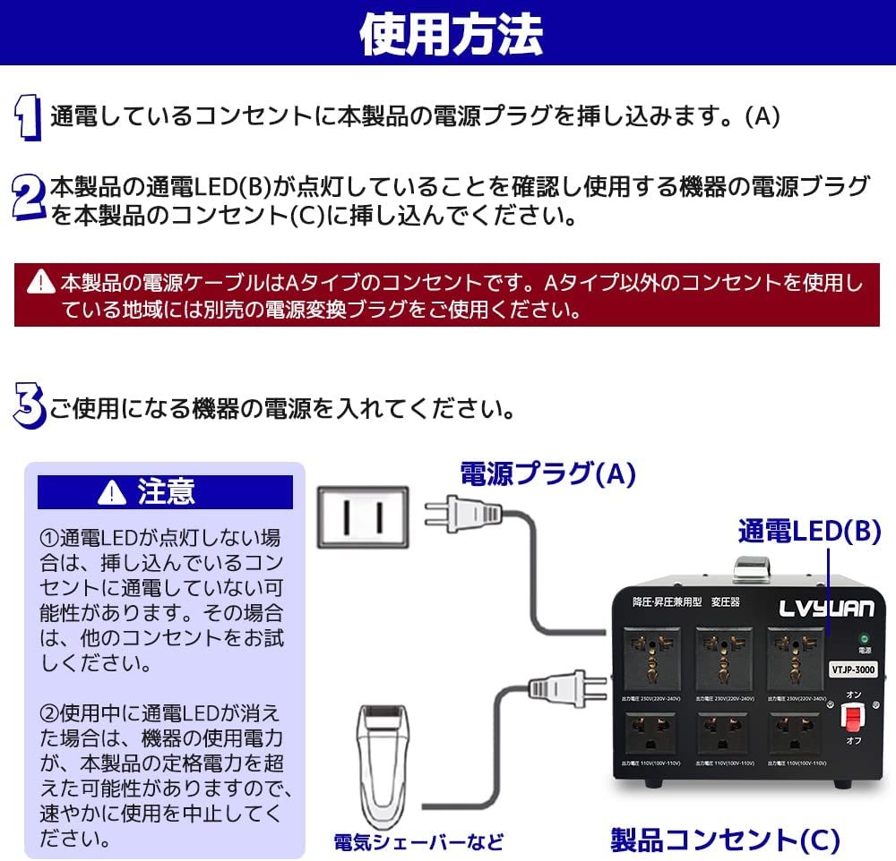 新品 両用型変圧器 降圧・昇圧 変圧器 3000W 100V/110V-220V/240V アップトランス ダウントランス 海外機器 ポータブルトランス LVYUAN_画像8