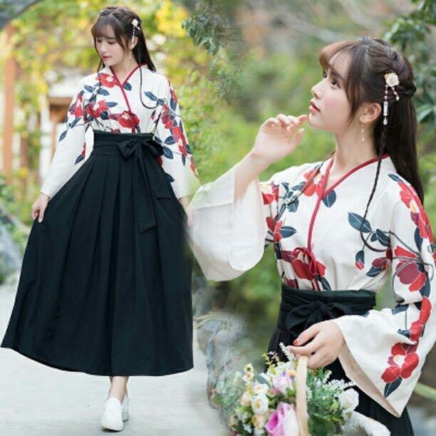 L размер Taisho роман hakama японский костюм кимоно. серп кама платье длинный цветочный принт фотосъемка Event Лолита мир roli мир Лолита костюмированная игра kos чёрный 