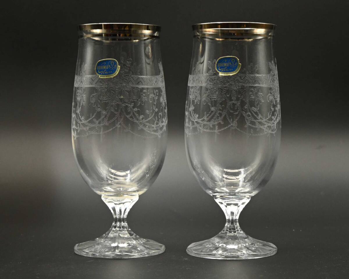 0521-1 ビールグラス ビアグラス 2個セット アシッドエッチング、シルバーリム ボヘミアクリスタル No.4304-280-2 チェコ製の画像1
