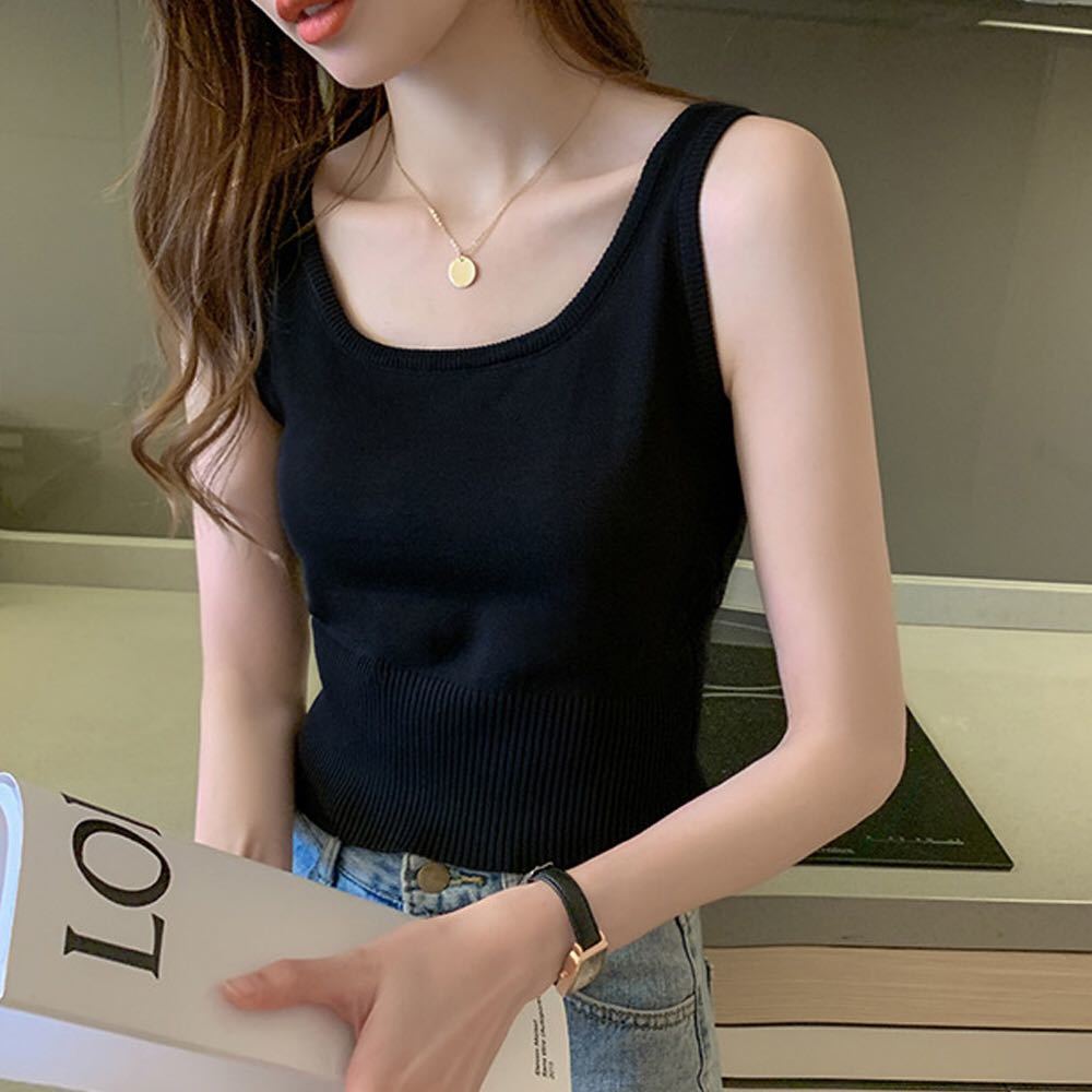  free shipping new goods tank top s lady's plain short knitted tanker U neck tops 