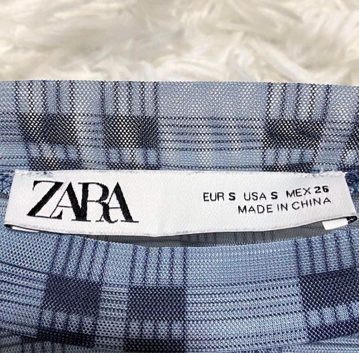 【美品】ザラ ZARA シースルー リブ袖 カットソー トップス ネイビー 青