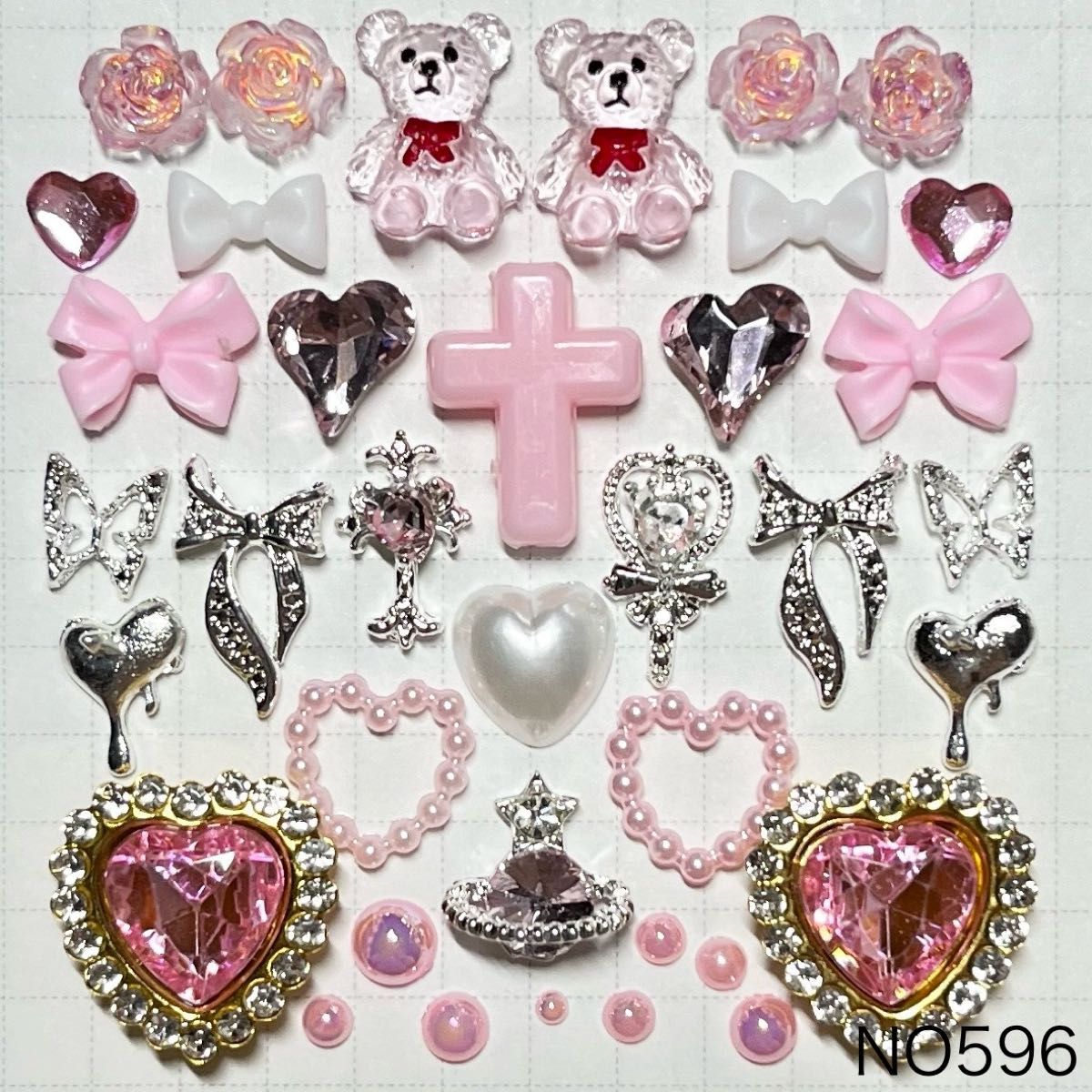NO596 ネイルパーツ　ピンク　シルバー　くま　十字架　薔薇　ハート　土星　リボン　蝶々　量産型　ギャル
