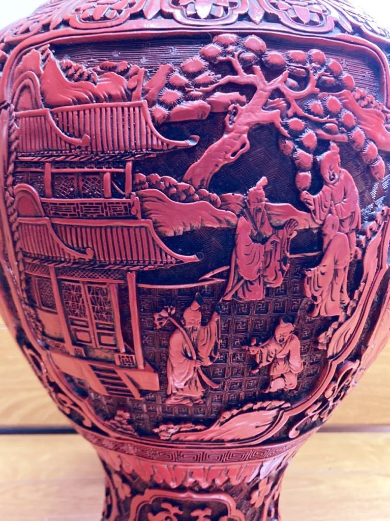 中国古美術 唐物 堆朱 窓絵楼閣山水人物風景紋壺 花瓶 漆芸品 高さ48cm 中古_画像6