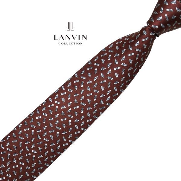 ★美品★細め★ LANVIN 高級ネクタイ 蜂柄 パターン柄 ブラウン系 ランバン FRANCE製 ネコポス可 USED t744_画像1