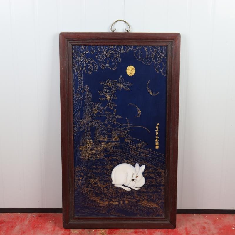 ◆古風堂◆中国・清 乾隆 線雕玉兔紋瓷板畫 極細工 古置物 古董品 古美術 古賞物