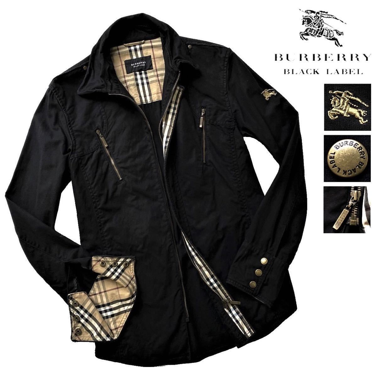 美品 バーバリーブラックレーベル 金ホース刺繍 ノバチェック 加工 襟ワイヤー ミリタリー シャツ ジャケット L/3 黒 BURBERRY BLACK LABEL