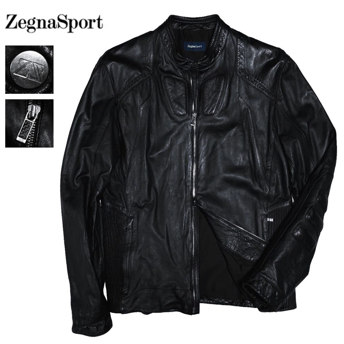 極美品 定20万 Zegna Sport エルメネジルドゼニア バイカー パデッド オイルドレザー シングル ライダース ジャケット XL 本革 黒 ブルゾン_画像1