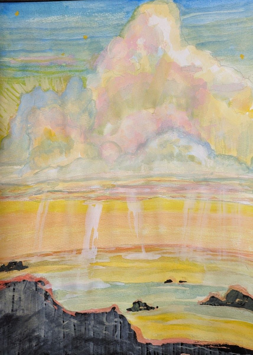 真作水彩画風景画　黄昏時の海と空
