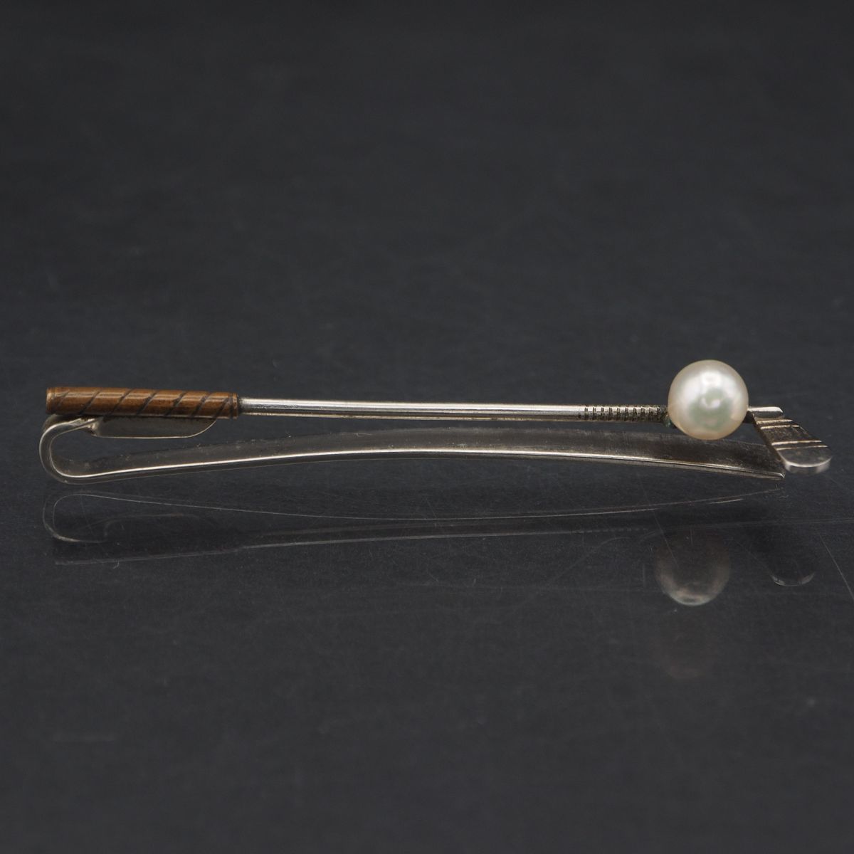 M381 pearl 6.4mm. pearl SPM stamp necktie pin Golf Club design sun platinum Thai bar antique 6 month birthstone 