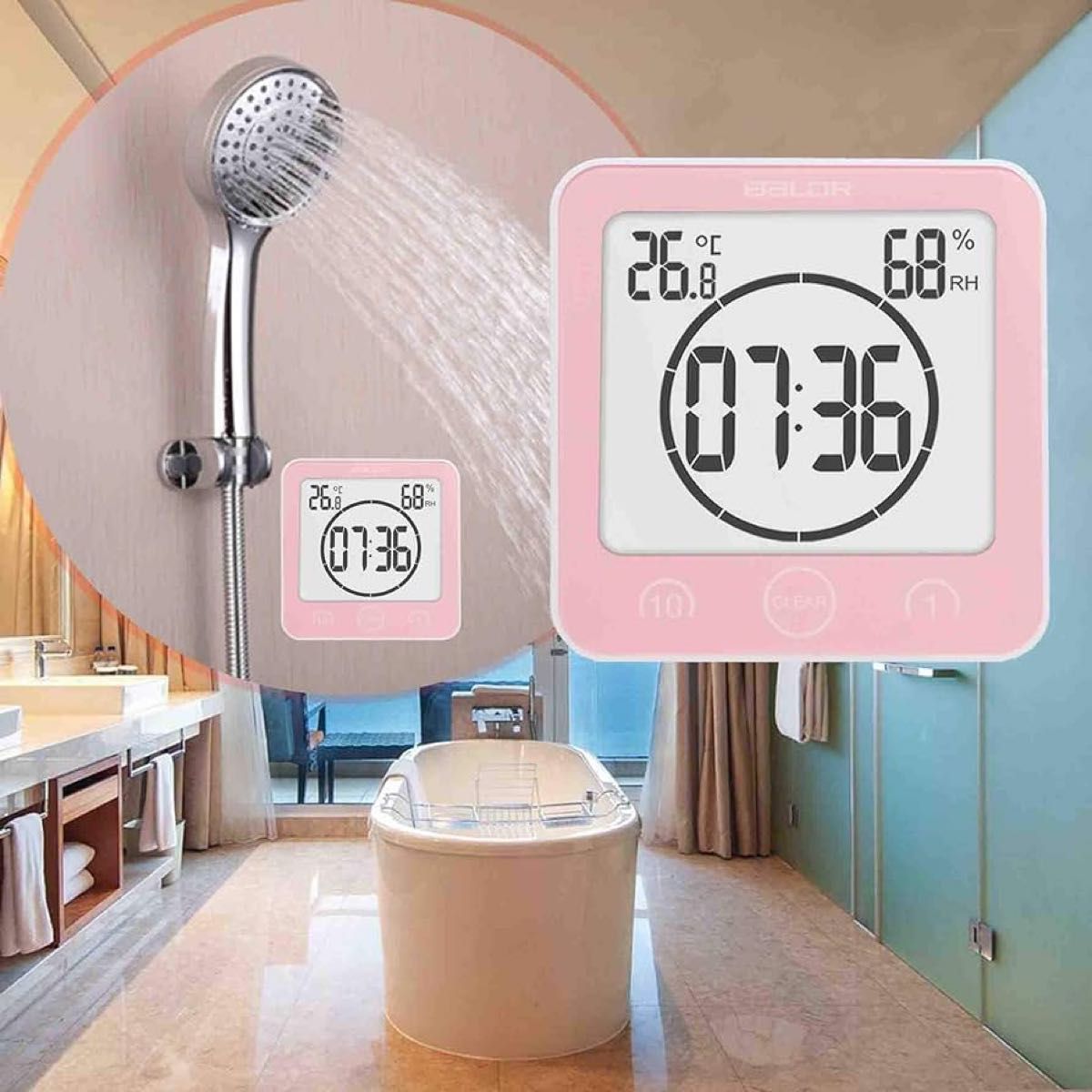 湿度計温度計防水時計 お風呂 シャワーデジタル時計 タイマー 置き・掛け・貼り付け時計 シャワー時計 液晶 吸盤 壁掛け基本