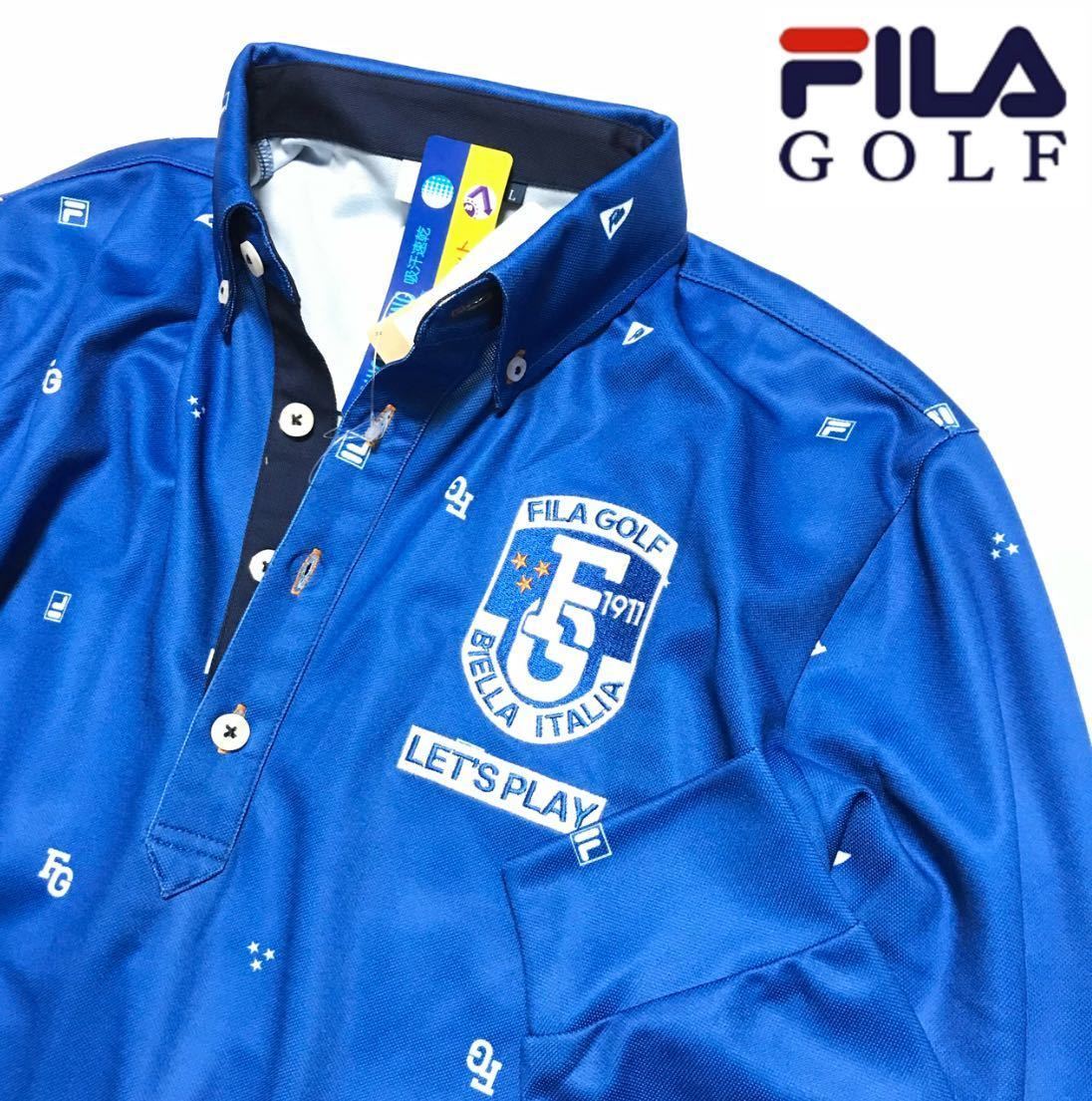 △A062新品【メンズLL(XL)】青 FILA GOLF フィラ ゴルフ 吸汗速乾 UV CUT ストレッチ 飛び柄 ボタンダウン長袖ポロシャツ_画像1