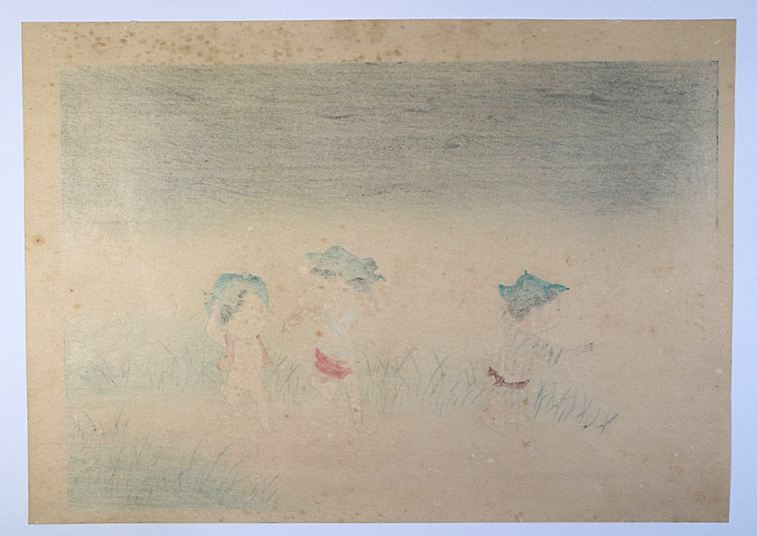 s1) 清原斉（ひとし）「夕立ち 不意の雨」童画 木版画 昭和時代の日本画家 日本美術院同人　昭和時代_画像3