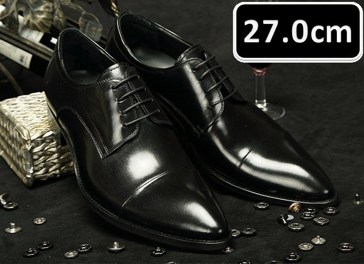 メンズ ビジネス レザー シューズ 本革 紐 艶ブラック サイズ 27.0cm 革靴 靴 カジュアル 屈曲性 通勤 軽量 新品 【apa-163】