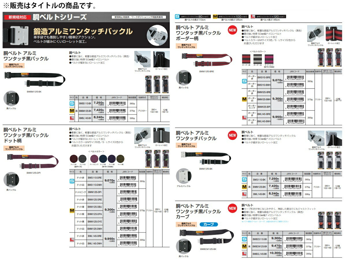 タジマ 胴ベルト アルミワンタッチ黒バックル BWBL145-BK 黒 サイズL 腰の強い特厚50mm幅ナイロンベルト TAJIMA 261700 。_画像3