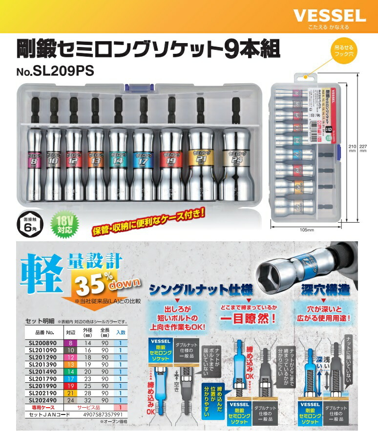 限特 在庫 ベッセル 剛鍛セミロングソケット 9本組 SL209PS 全長90mmのセミロング仕様 18V対応 VESSEL_画像2