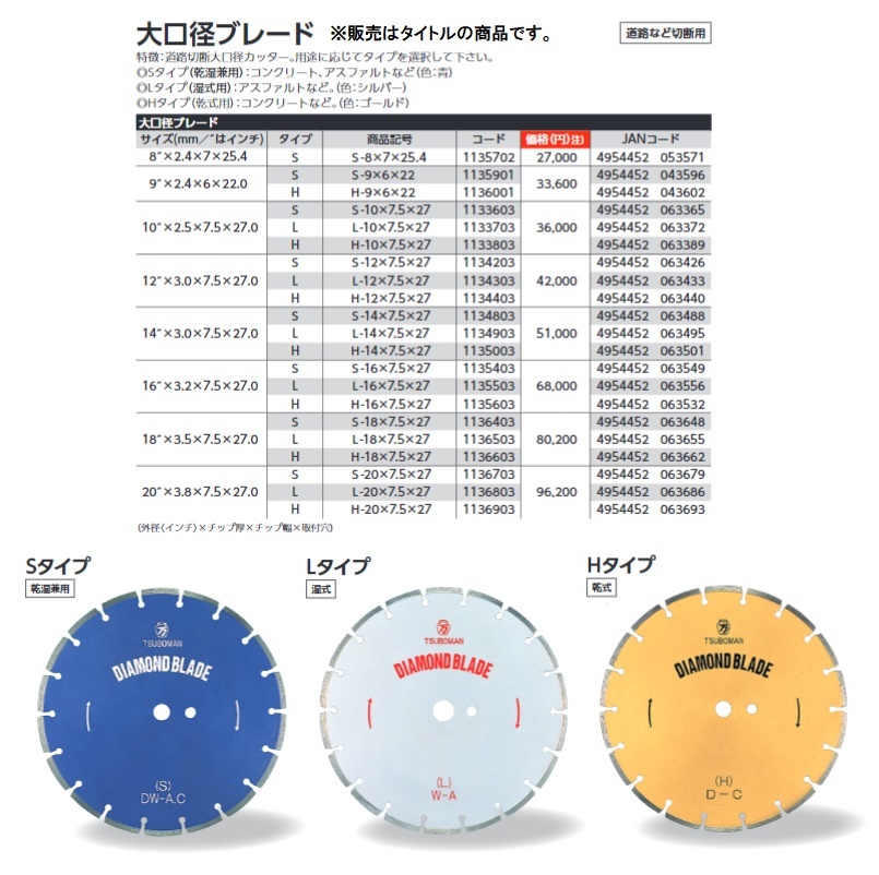 ツボ万 大口径ブレード H-10x7.5x27 ゴールド コード1133803 Hタイプ 乾式用 道路切断大口径カッター 063389 。_画像2