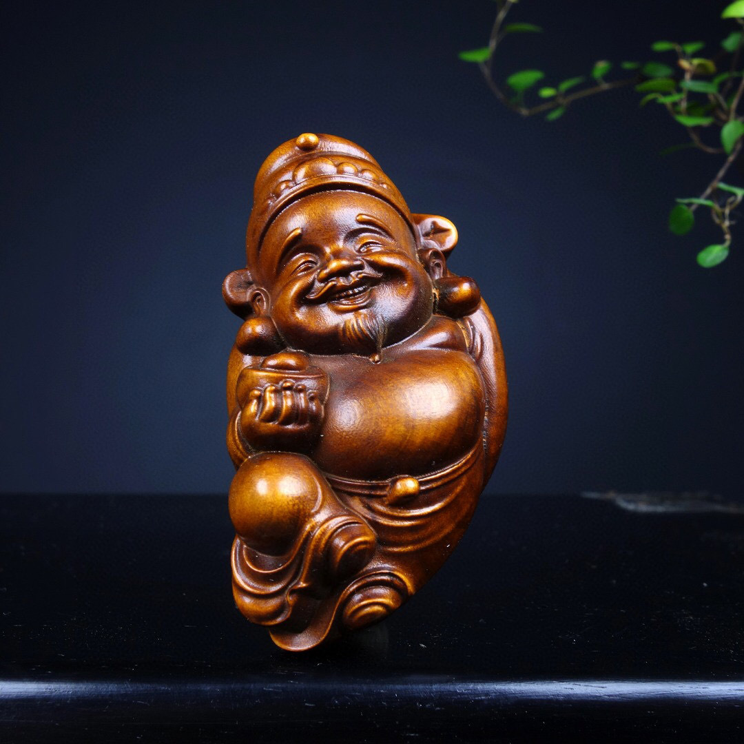▽鴻▽ 黄楊木製 細密彫 財神 置物 古賞物 中国古玩 中国古美術