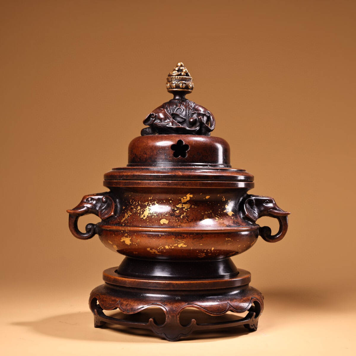 ▽鴻▽ 銅製 塗金 雙象耳 神獣熏香爐 置物 古賞物 中国古玩 中国古美術