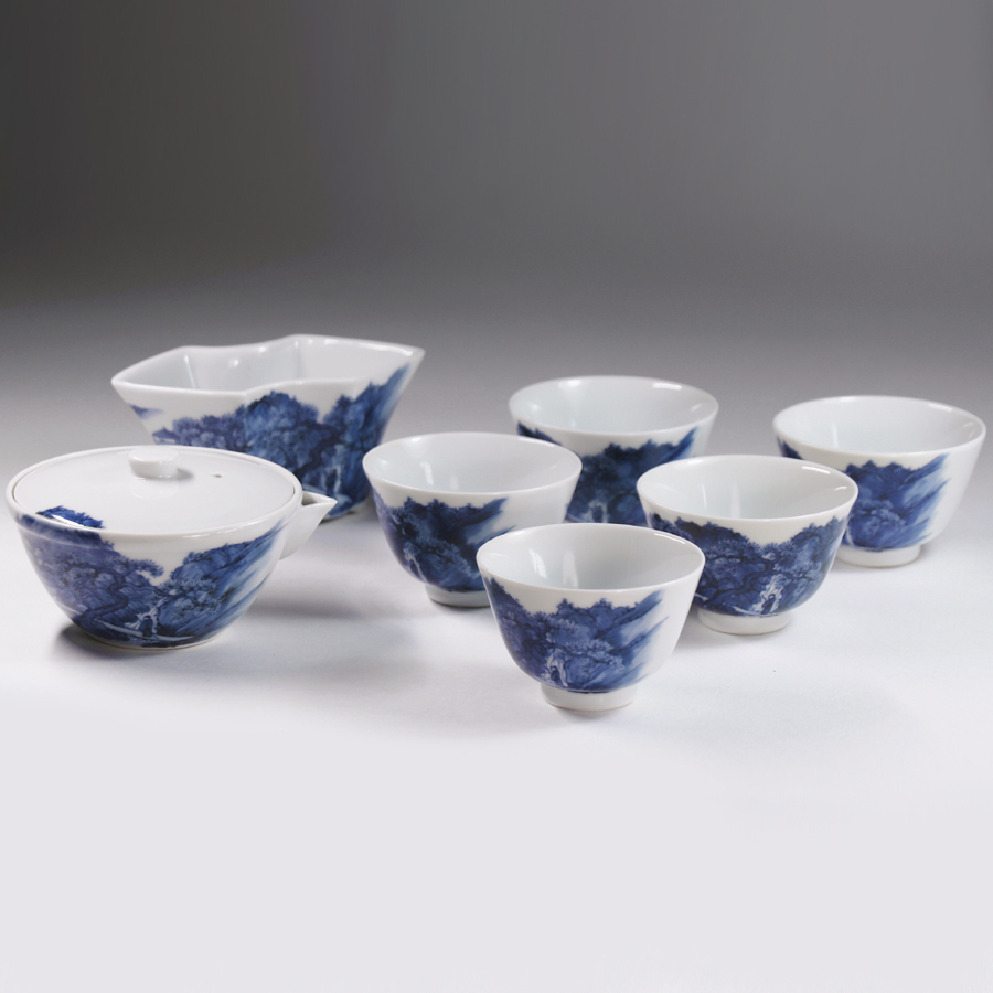 福袋売れ残りセール 【開】『三代三浦竹泉(三浦竹軒)』作 青華山水画茶器 KS32 煎茶器揃 共箱 宝瓶湯令碗 茶碗