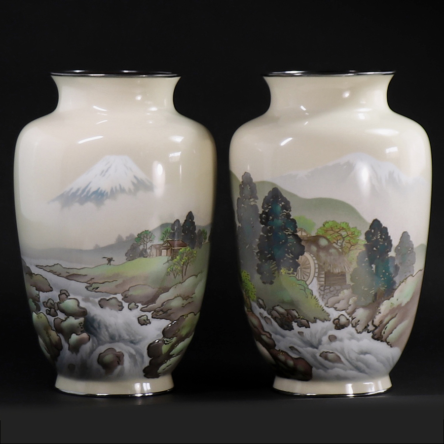 正式的 里山図 白龍園 権田広助 尾張七宝の名工 明治時代 七宝花瓶一対 KS17 化粧ボックス付き 高さ31cm その他